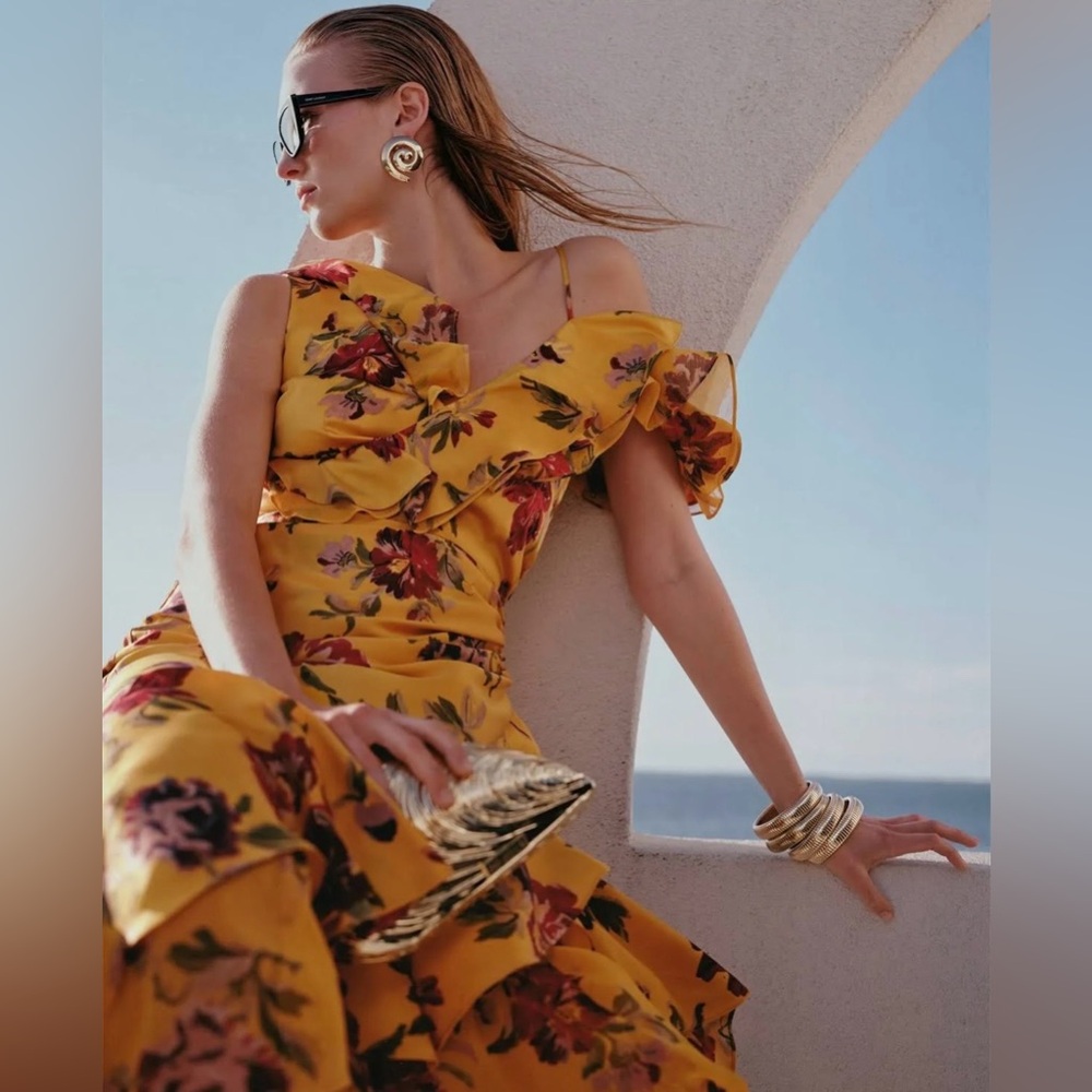 Cinq à Sept One Shoulder Floral Yellow Dress - Picture 3 of 13